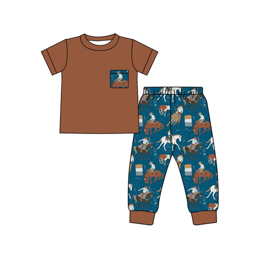 BSPO0527 Baby Boys Western Brown Pocket Top Rodeo Pants Clothes Sets Preorder