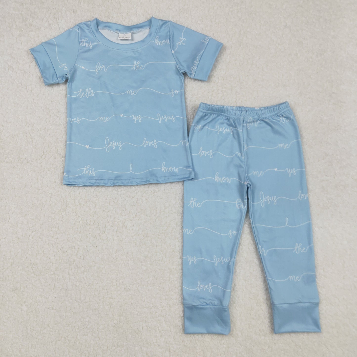BSPO0529Boys Short Sleeve Jesus Loves Me Top with Pants - Cute Faith-Based Outfit for Little Ones