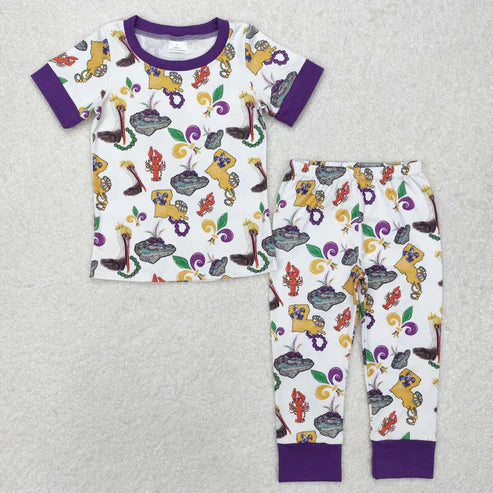 9.16 RTS Sibling Baby Kids Anchors Crayfishes Top Pants Mardigras Pajamas Sets Zipper Footie Rompers