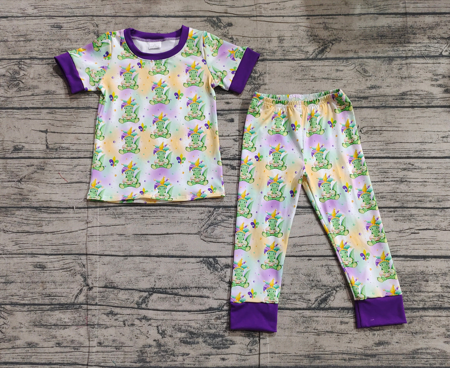 BSPO0547Purple short sleeves alligator baby kids Mardi Gras pajamas