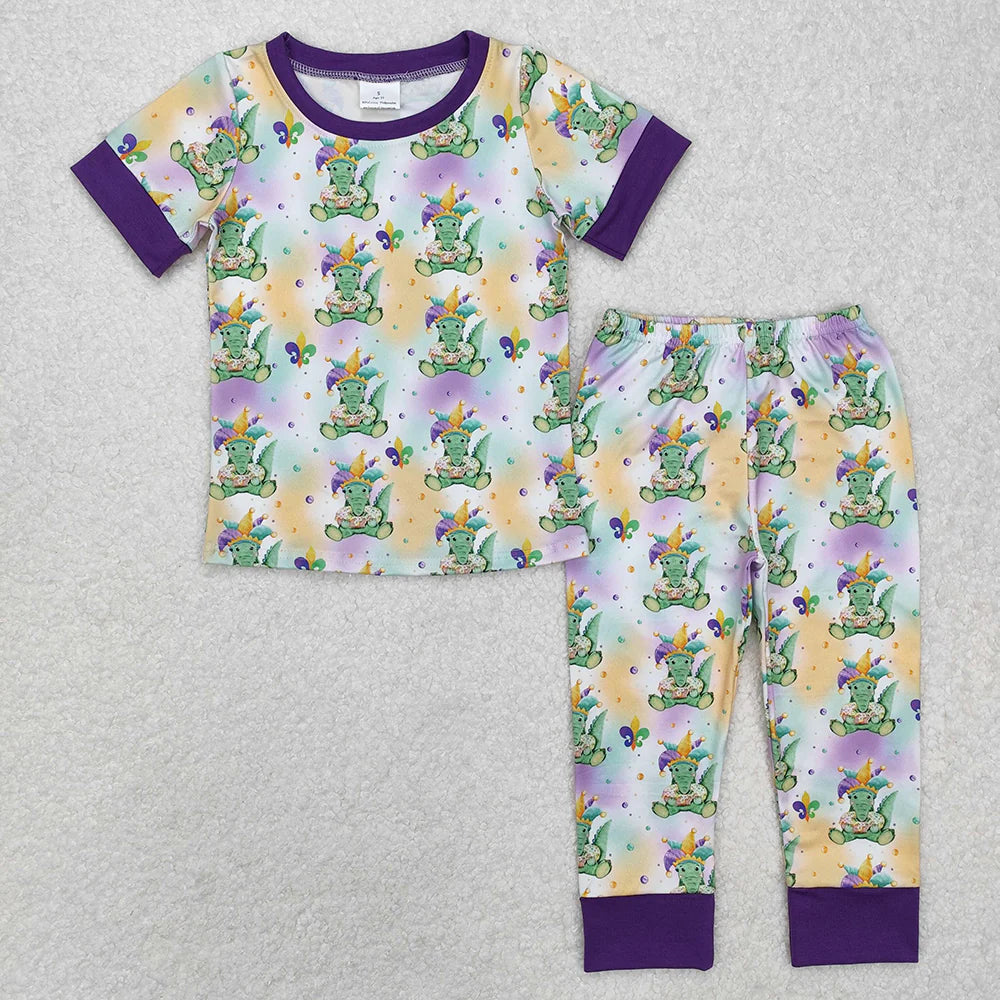 12.26 RTS Sibling Girls Baby Boys Mardi Gras Crocodile Rompers Pajamas Suits