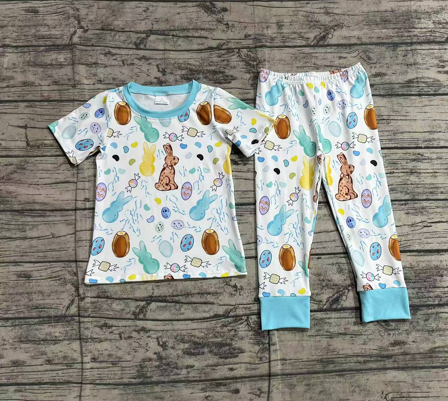 BSPO0557Blue short sleeves bunny eggs kids boys Easter pajamas