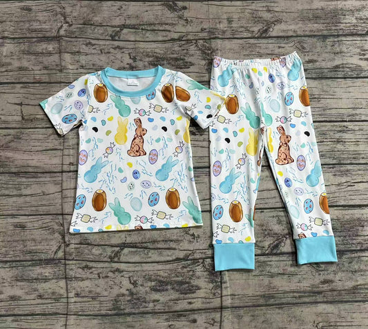 BSPO0557Blue short sleeves bunny eggs kids boys Easter pajamas