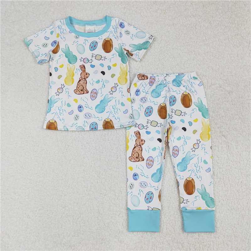 4.26 RTS NO MOQ Kids Boys Blue Short Sleeve Bunny Eggs Easter Pajamas Comfortable Sleepwear for Children