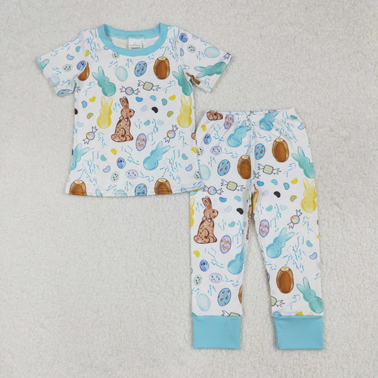 BSPO0557Cute Blue Short Sleeves Bunny Eggs Pajamas for Boys' Easter