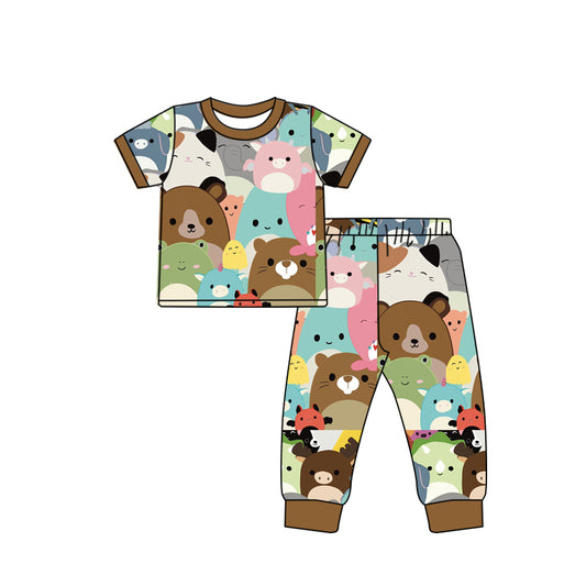 BSPO0560Kids Boys’ Brown Short-Sleeved Pajamas Set: Adorable Pig Design on Top and Pants