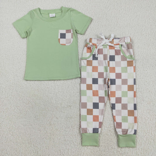 RTS NO MOQ （In stock）BSPO0576 Baby Boys Autumn Outfits Kids Boys Green Short Sleeve Top Checked Pants Set