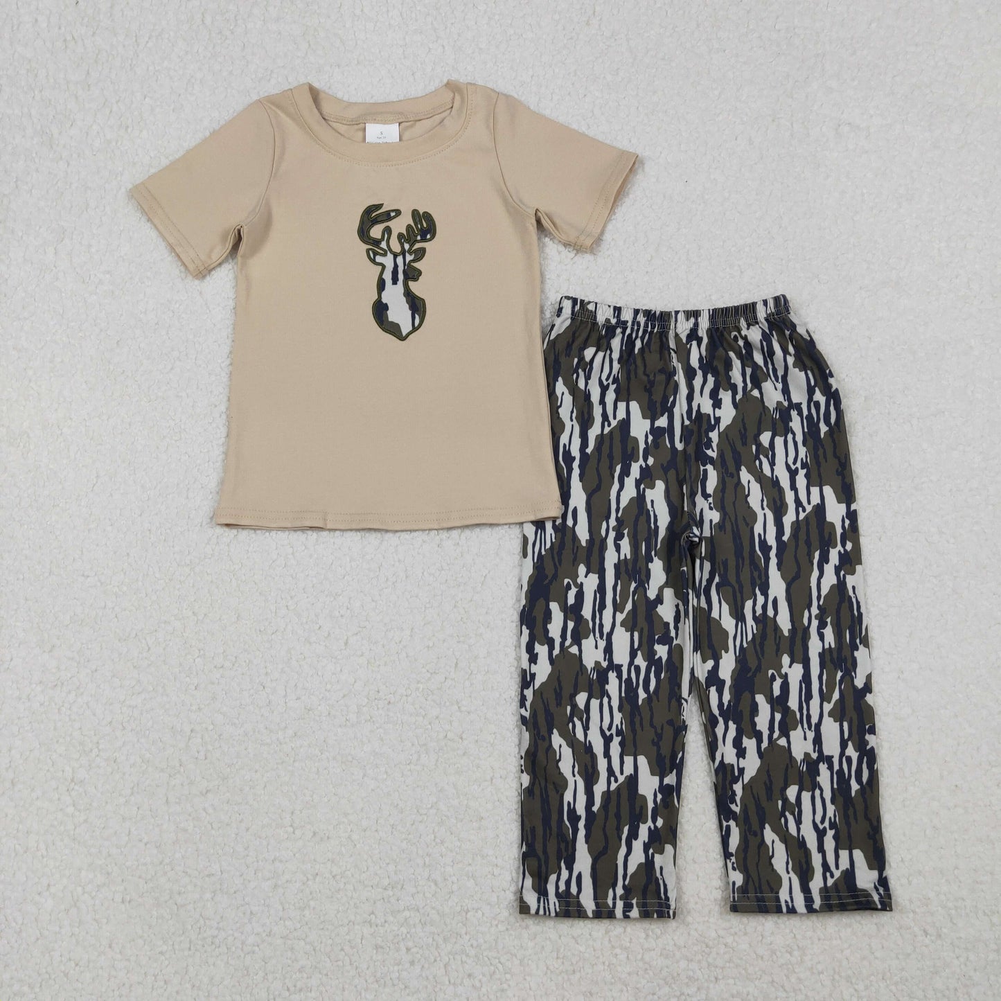 10.27 RTS NO MOQ （In stock）BSPO0582 Embroidery Camo Deer Baby Boys Top Flare Pant Hunting Set