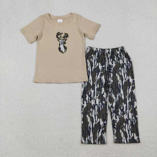 10.27 RTS NO MOQ （In stock）BSPO0582 Embroidery Camo Deer Baby Boys Top Flare Pant Hunting Set