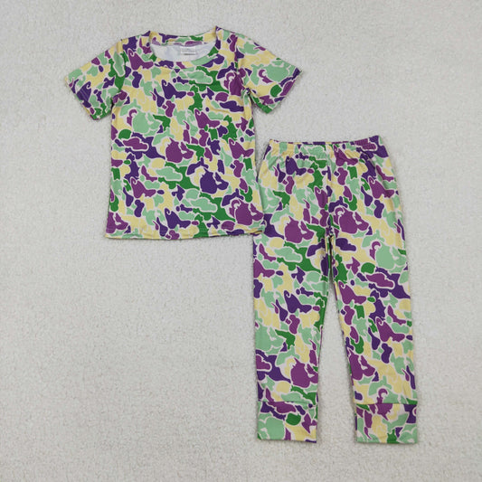 10.18 RTS NO MOQ （In stock）BSPO0584 Baby Boys Mardigras Camo Short Sleeve Pant Pajamas Sets