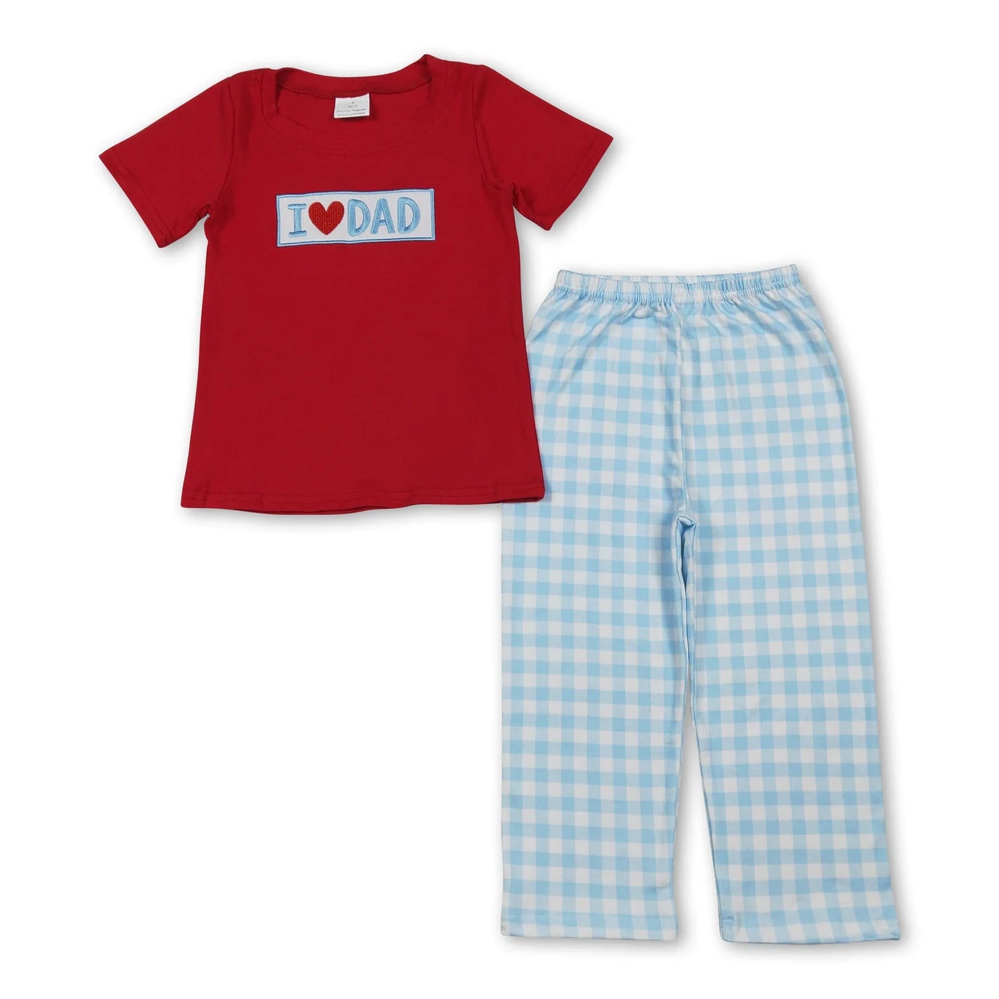 12.2 RST Sibling Baby Boys Girls Embroidery I Love Dad Mom Checked Red Shirt Pants Clothes Sets