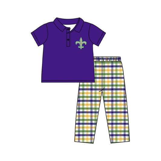 9.26 BSPO0594 Pre order No Moq Baby Boys Purple Button Anchor Top Checked Pants Mardigras Clothes Sets