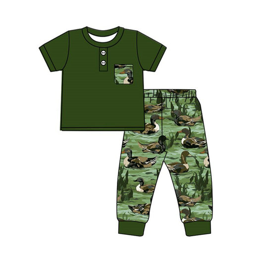 9.26 BSPO0595 Pre order No Moq Baby Boys Dark Green Button Pocket Top Ducks Pants Clothes Sets