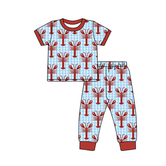 9.26 BSPO0596 Pre order No Moq Baby Boys Blue Checked Crayfishes Top Pants Pajamas Sets