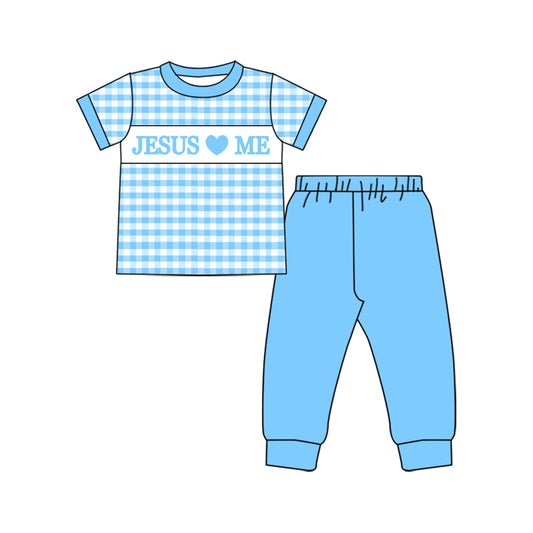 9.27 BSPO0600 Pre order No Moq Baby Boys Blue Checked Jesus Love Me Top Pants Clothes Sets