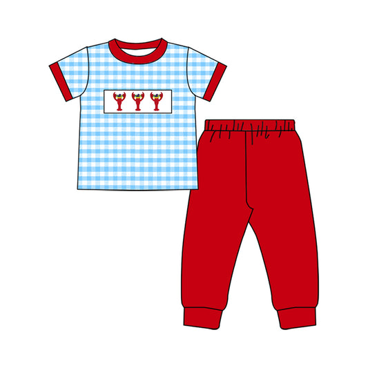 9.30 BSPO0602 Pre order No Moq Baby Boys Blue Checked Mardigras Crayfishes Top Pants Clothes Set