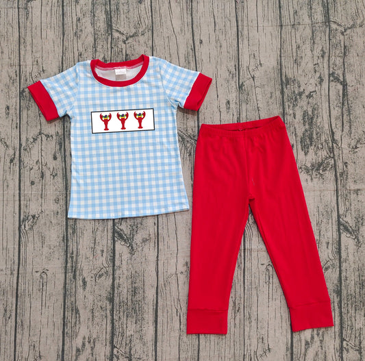 10.13 BSPO0602 Sample No Moq Embroidery Crayfishes Baby Boys Blue Checked Top Lrggings Clothes Sets