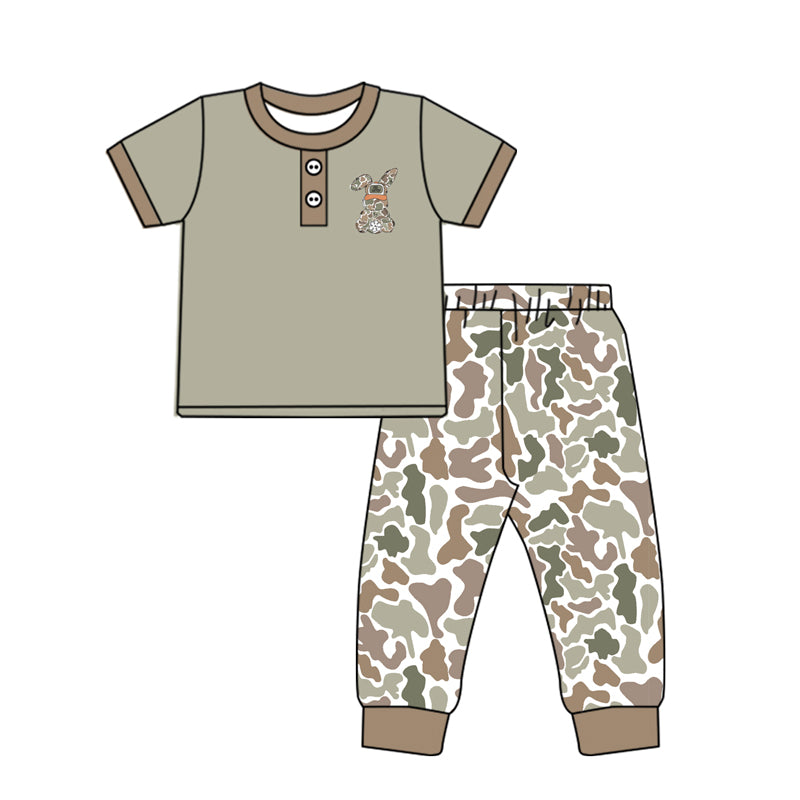 9.30 BSPO0603 Pre order No Moq Baby Boys Olive Camo Rabbit Button Top Pants Easter Clothes Sets