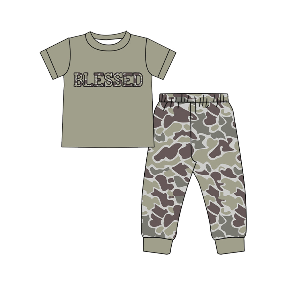 10.2 BSPO0605 Pre order No Moq Baby Boys Blessed Top Dark Grey Camo Pants Southern Clothes Sets