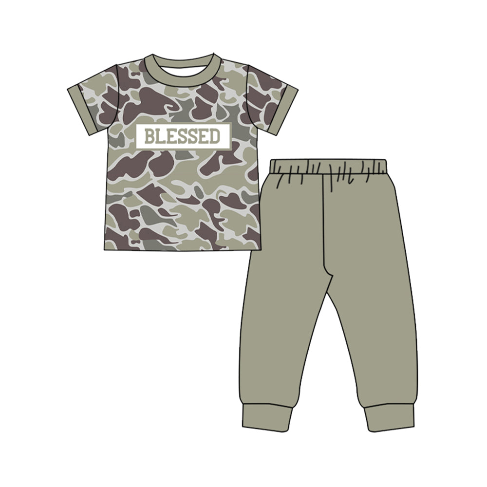 10.2 BSPO0606 Pre order No Moq Baby Boys Dark Grey Camo Blessed Top Pants Southern Clothes Sets