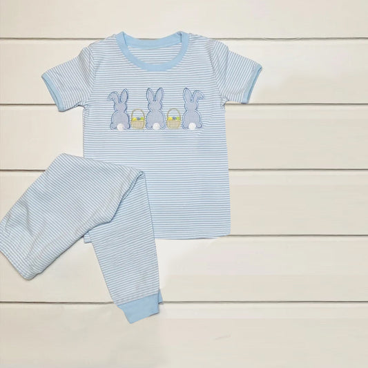 10.13 BSPO0610 Pre order No Moq Baby Boys Light Blue Stripe Rabbits Eggs Top Pants Easter Pajamas Sets