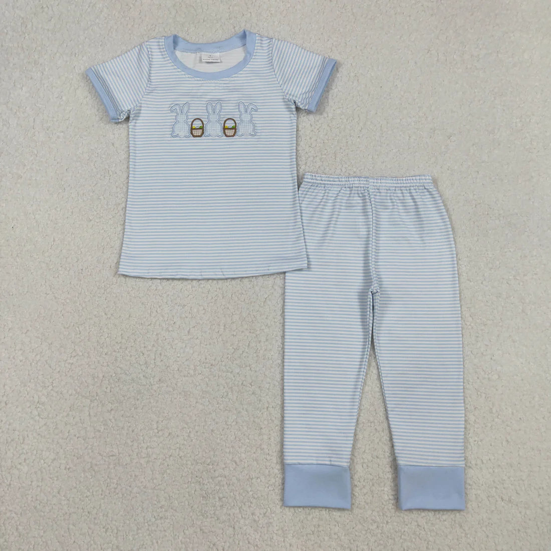 12.12 RTS Sibling Baby Kids Embroidery Rabbits Eggs Stripe Top Pants Easter Pajamas Sets