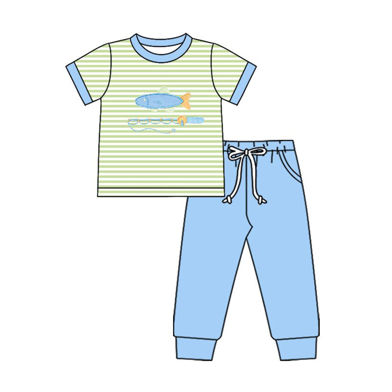 10.17 BSPO0612 Pre order No Moq Baby Boys Stripe Fishing Top Pockets Leggings Hunting Clothes Sets