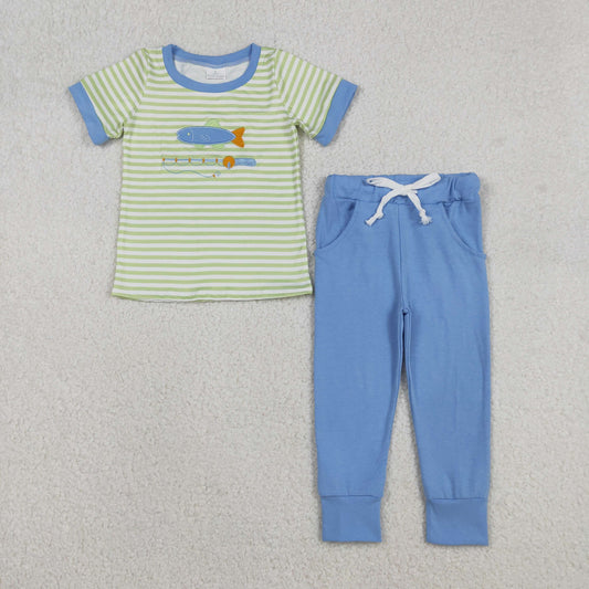 12.4 RTS NO MOQ （In stock）BSPO0612 Embroidery Fishing Baby Boys Stripe Top Pockets Leggings Hunting Clothes Sets