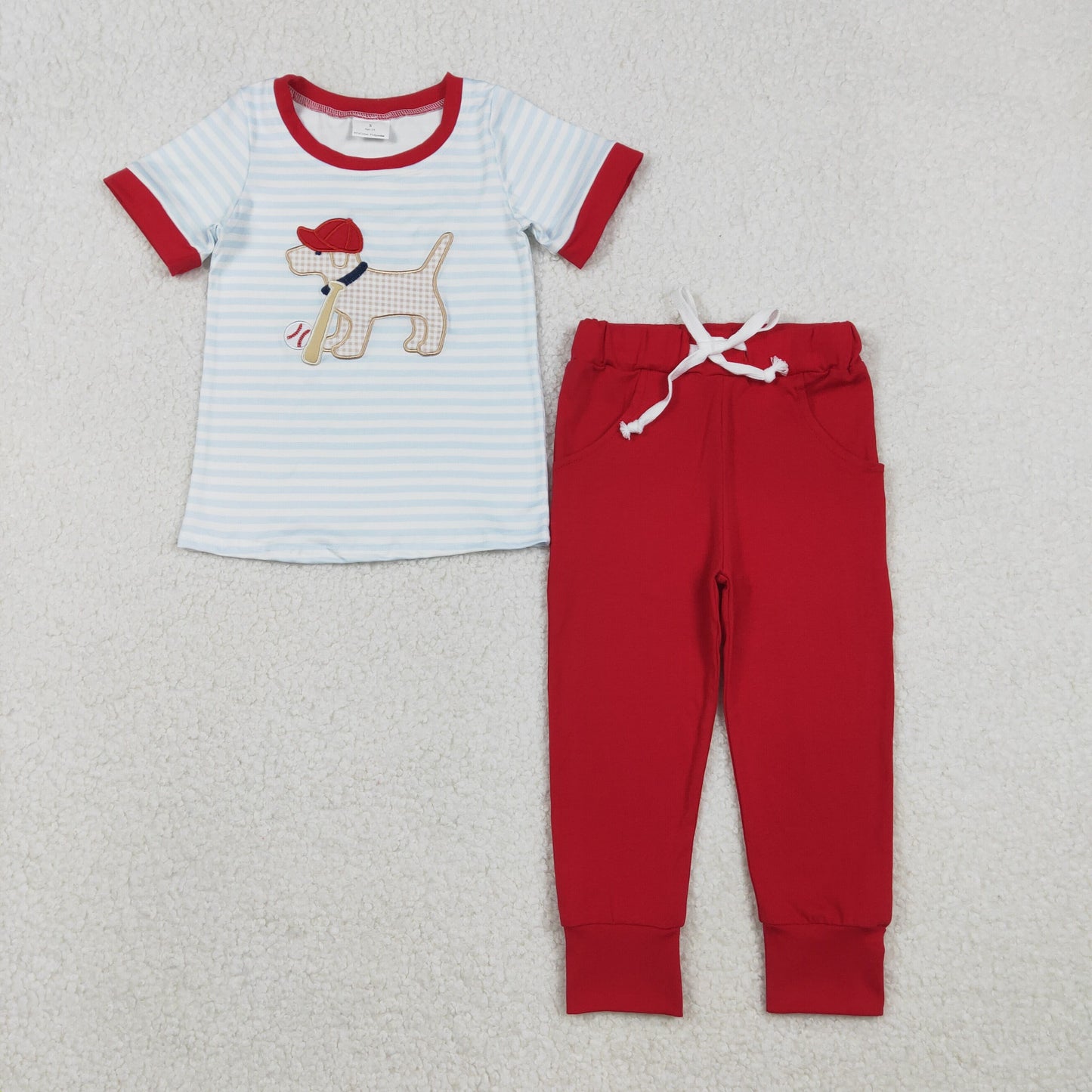 12.2 RTS NO MOQ （In stock）BSPO0613 Embroidery Dog Baseballs Baby Boys Stripe Top Pockets Pants Team Clothes Sets