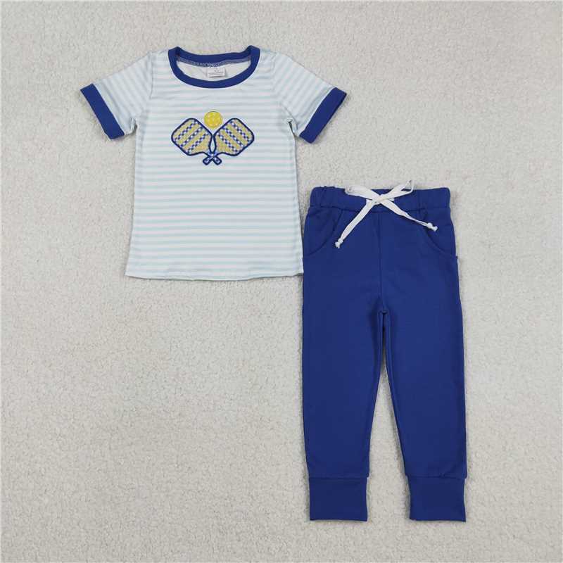 11.27 RTS NO MOQ （In stock）BSPO0614 Embroidery Tennis Balls Baby Boys Stripe Top Pockets Leggings Team Clothes Sets