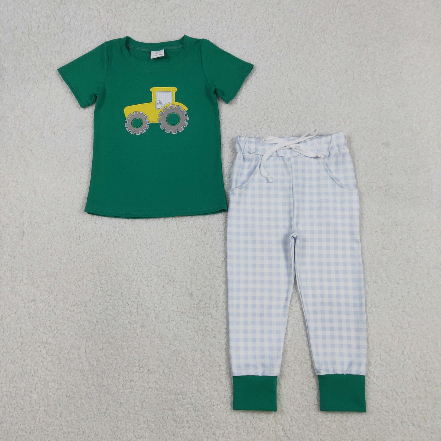 12.2 RTS NO MOQ （In stock）BSPO0615 Embroidery Golf Truck Baby Boys Top Checked Pockets Leggings Clothes Sets