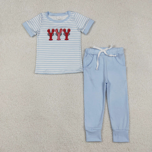12.17 RTS NO MOQ （In stock）BSPO0616 Embroidery Crayfishes Baby Boys Blue Stripe Top Pockets Leggings Clothes Sets