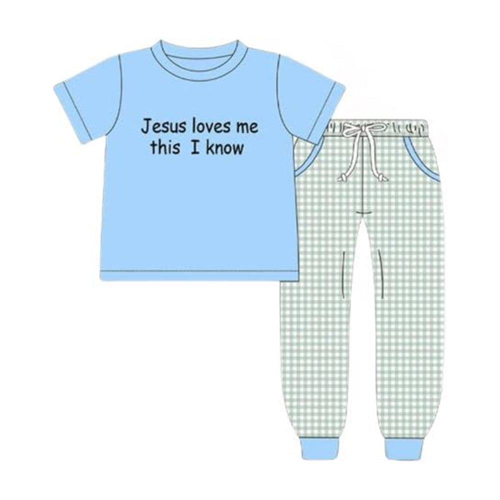 10.21 BSPO0617 Pre order No Moq Baby Boys Jesus Love Me Top Checked Pockets Jogger Clothes Sets