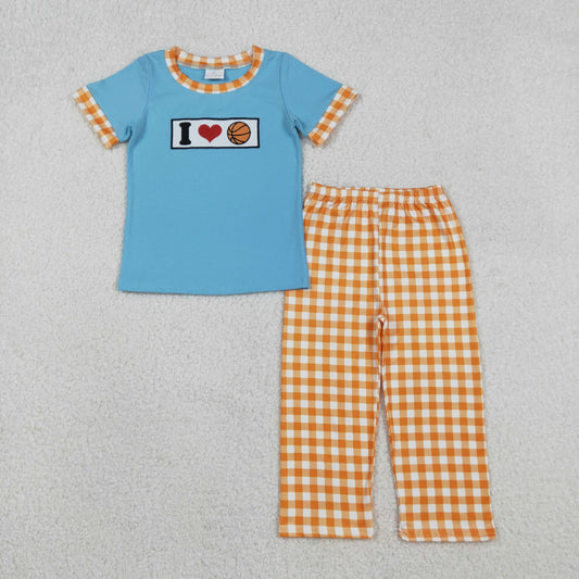 12.12 RTS NO MOQ （In stock）BSPO0619 Embroidery I Love Basketball Baby Boys Top Checked Pants Team Clothes Sets