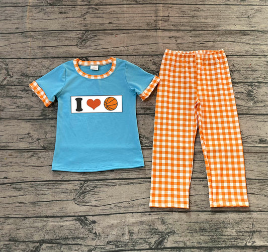 11.14 BSPO0619 Sample No Moq Embroidery I Love Basketball Baby Boys Checked Pants Team Clothes Sets