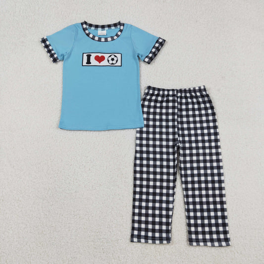 12.11 RTS NO MOQ （In stock）BSPO0622 Embroidery I Love Footballs Baby Boys Checked Pants Team Clothes Sets