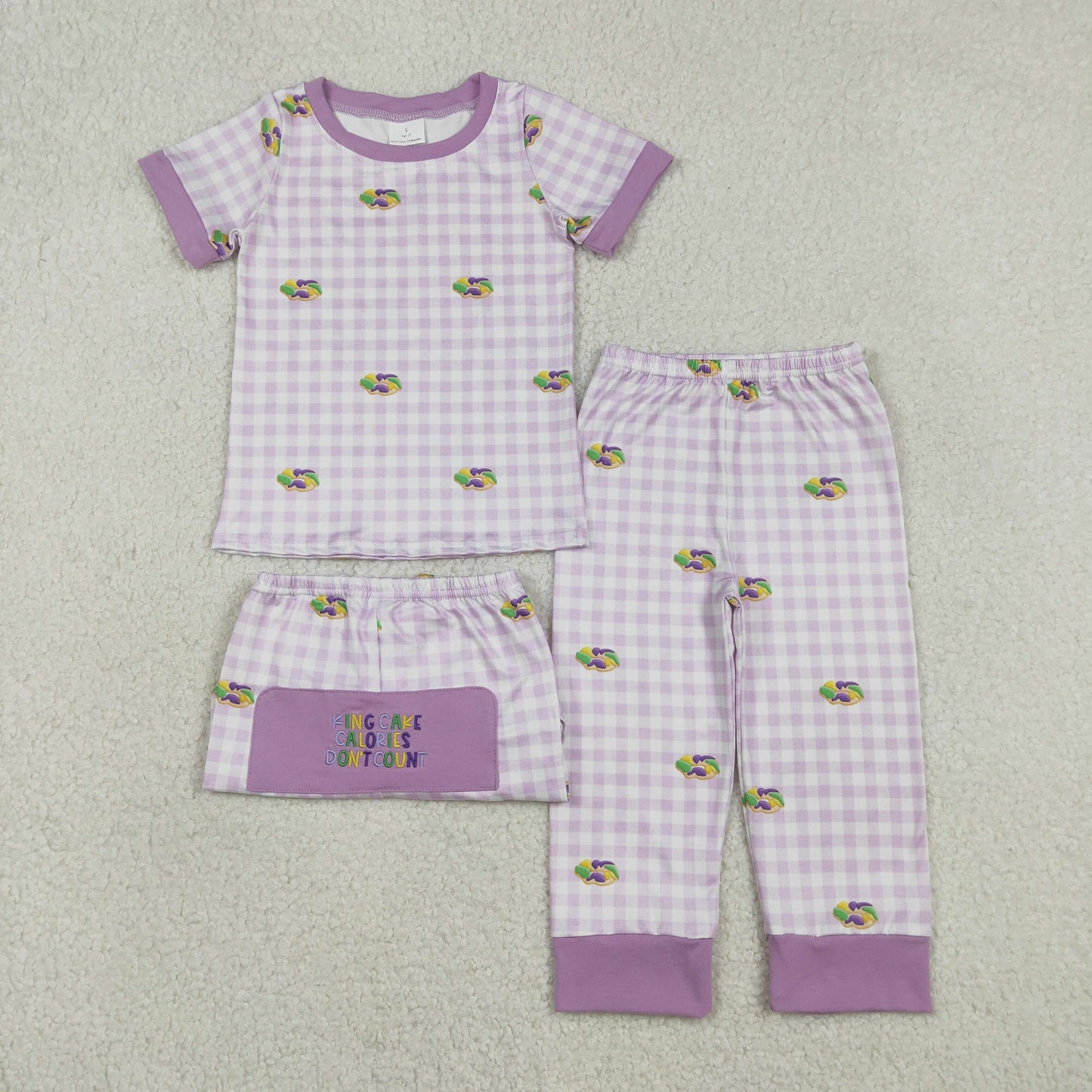 12.29 RTS NO MOQ （In stock）BSPO0630 Embroidery King Cake Baby Boys Mardigras Donuts Checked Pants Pajamas Sets