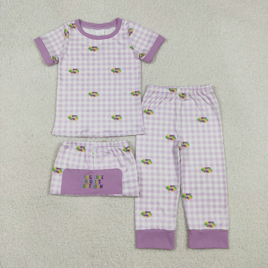 12.29 RTS NO MOQ （In stock）BSPO0630 Embroidery King Cake Baby Boys Mardigras Donuts Checked Pants Pajamas Sets