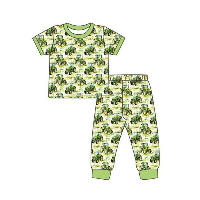 11.3 BSPO0631 Pre order No Moq Baby Boys Green Trucks Plaid Top Pant Farm Pajamas Sets