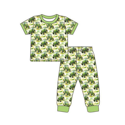 11.3 BSPO0631 Pre order No Moq Baby Boys Green Trucks Plaid Top Pant Farm Pajamas Sets