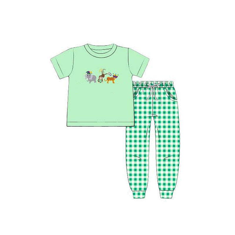 11.4 BSPO0632 Pre order No Moq Baby Boys Green Animals Top Pockets Checked Jogger Pants Clothes Sets