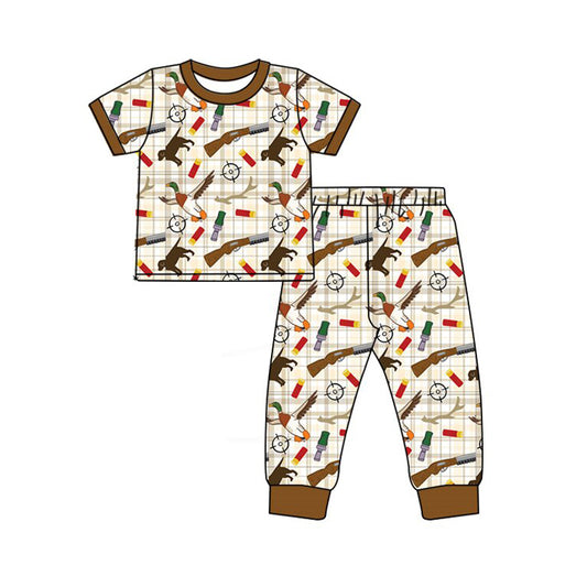 11.5 BSPO0634 Pre order No Moq Baby Boys Khaki Checked Dogs Ducks Top Pants Hunting Pajamas Sets