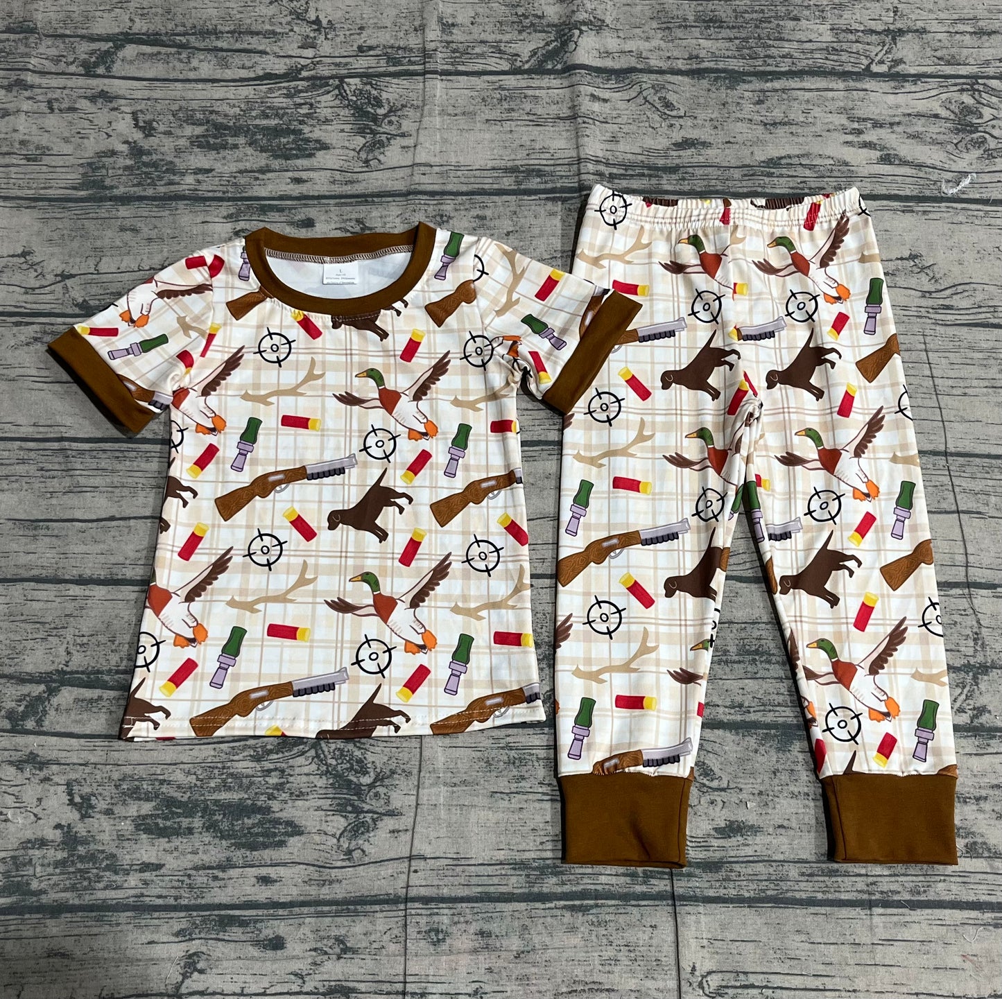11.21 BSPO0634 mple No Moq Baby Boys Khaki Checked Dogs Ducks Top Pants Hunting Pajamas Sets