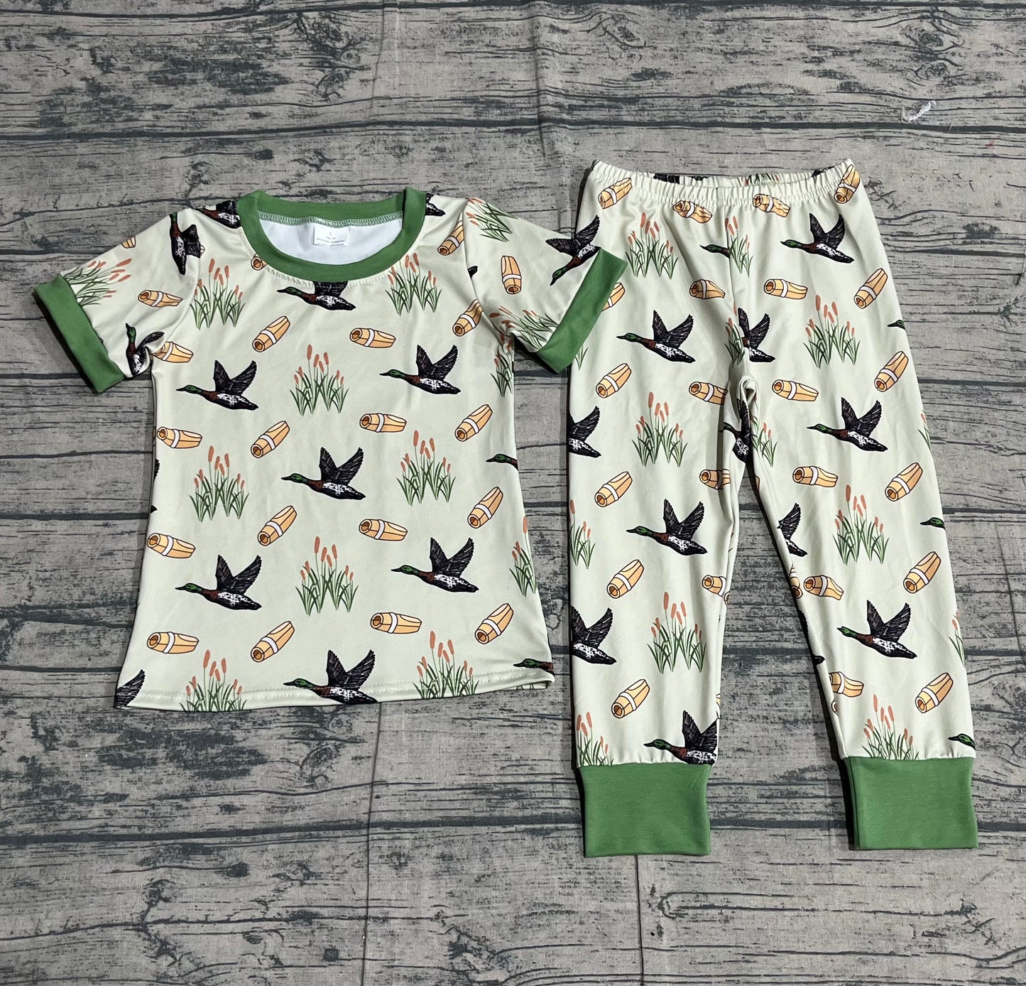 11.21 BSPO0635 mple No Moq Baby Boys Green Ducks Calls Top Pants Hunting Pajamas Sets