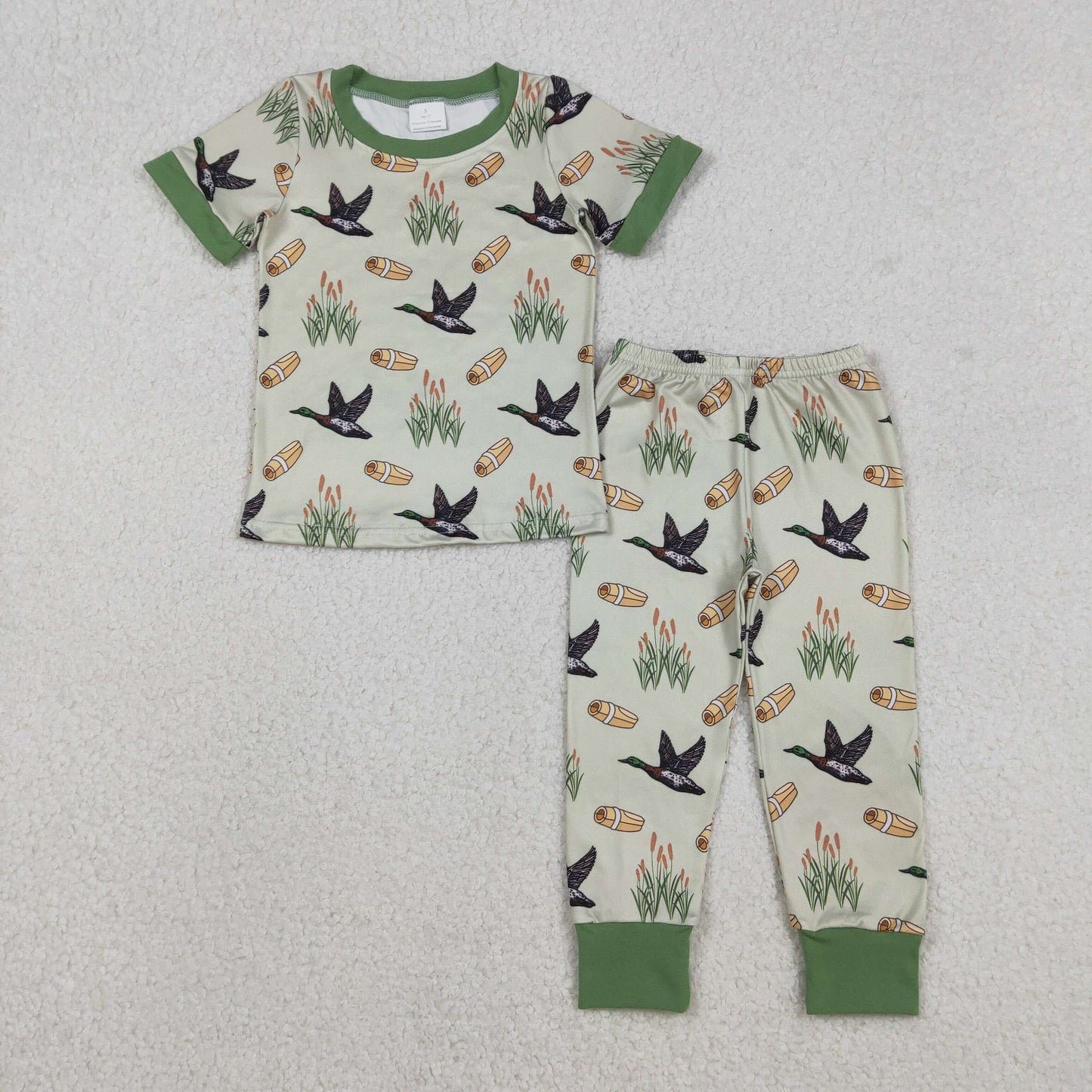 12.5 RTS NO MOQ （In stock）BSPO0635 Baby Boys Green Ducks Calls Top Pants Hunting Pajamas Sets