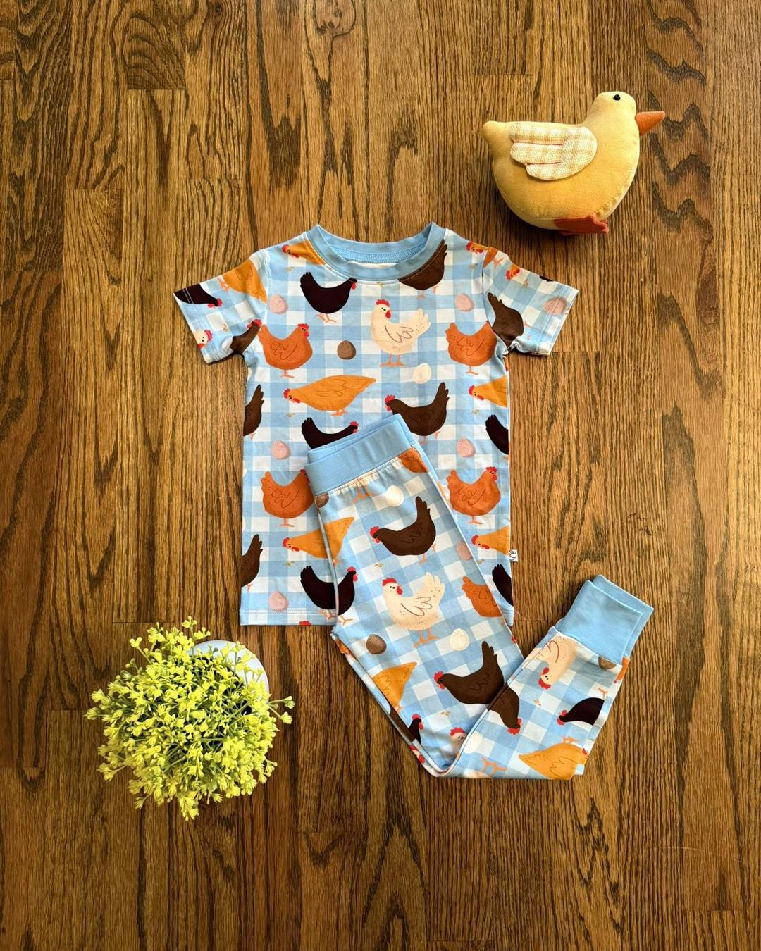 11.8 BSPO0638 Pre order No Moq Baby Boys Blue Checked Chicks Eggs Top Pants Farm Pajamas Sets