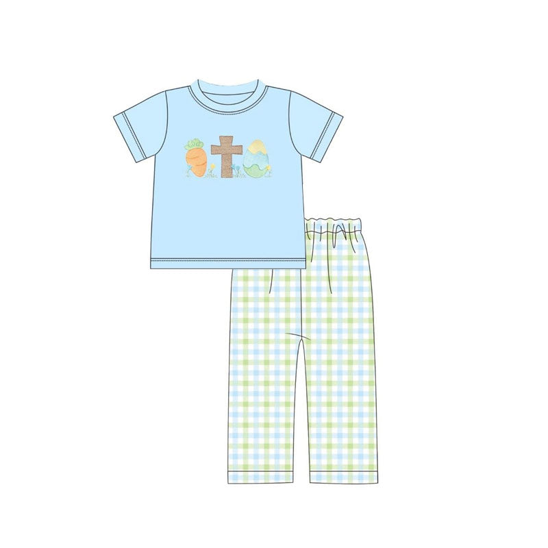 11.20 BSPO0644 Pre order No Moq Baby Boys Carrots Cross Eggs Top Checked Pants Easter Clothes Sets