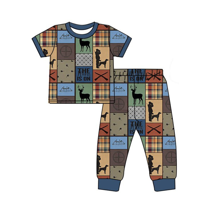 12.16 BSPO0660 Pre order No Moq Baby Boys Deer Checked Top Pants Hunting Pajamas Sets