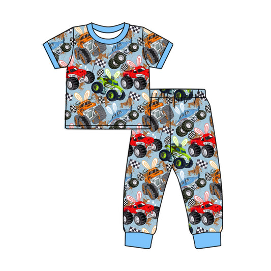 1.10 BSPO0667 Pre order No Moq Baby Boys Bunny Motors Eggs Top Pants Easter Pajamas Sets