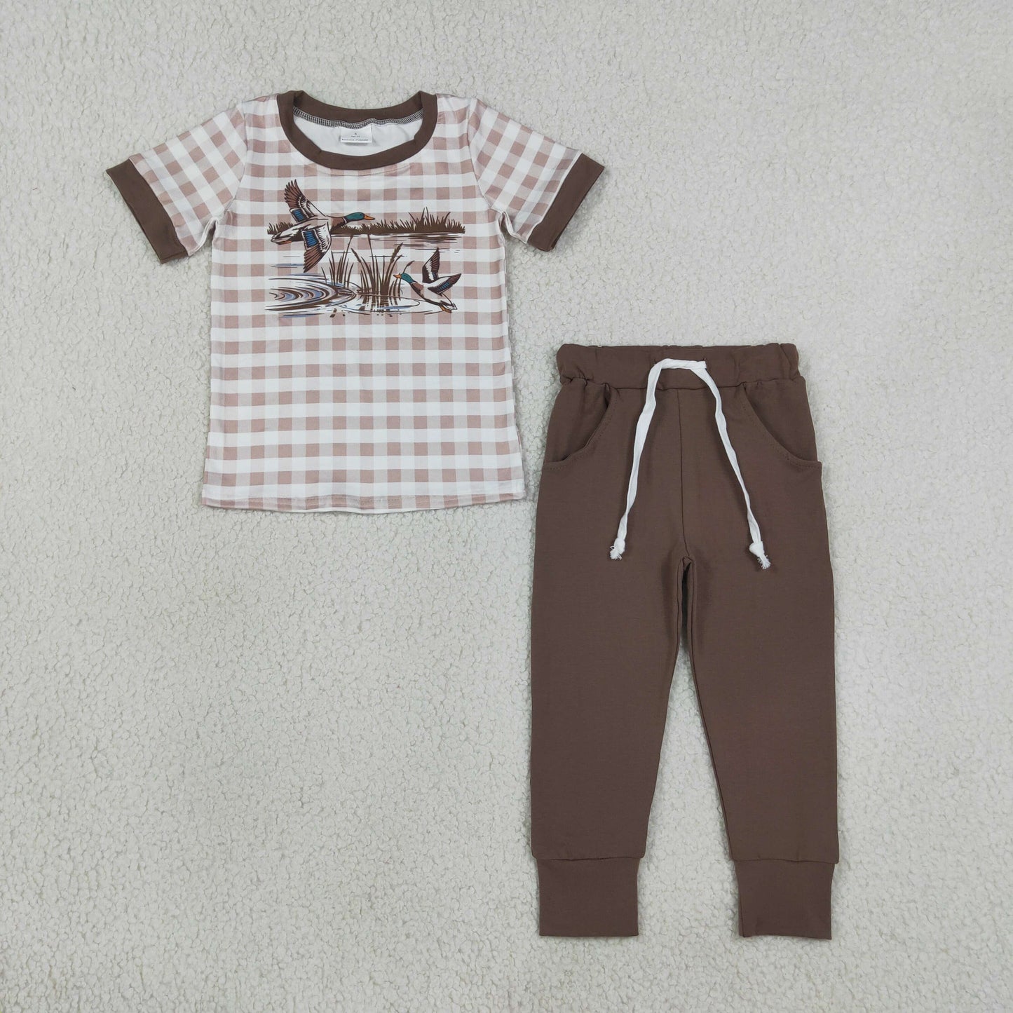 BSPO0689 RTS NO MOQ （In stock）milk silk Baby Boys Brown Checked Duck Print Pocket Long Sleeve Top Jogger Pants Clothes Set